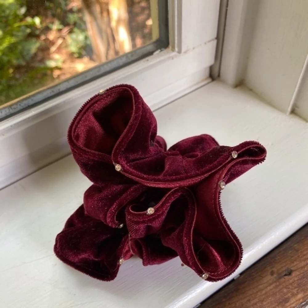 Anthropologie Burgundy Pearl Velvet Hair Scrunchie
